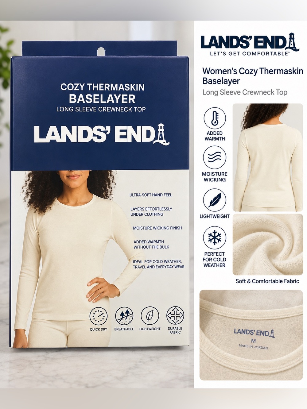 Lands' End Cream Long Sleeve Crewneck Thermaskin Baselayer